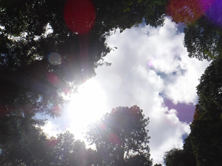 滝の爆音に包まれた山峡から、見上げれば太陽。