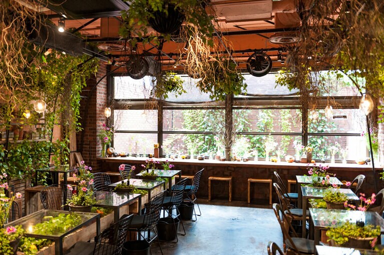 温室をテーマにした店内。花やグリーンのエネルギーに包まれる。