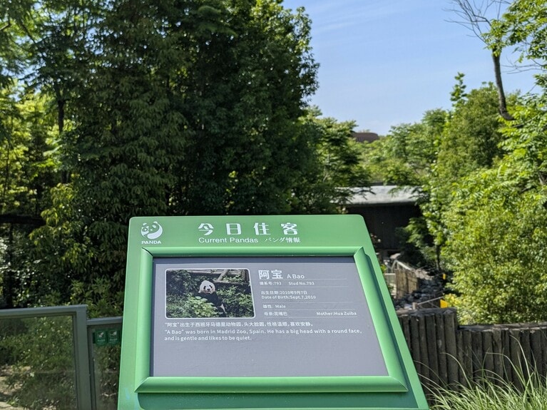 マドリード生まれの阿宝のネームプレート。気温30度超の屋外に掲げられていたが、阿宝は見当たらなかった。マドリード動物園での名前は「Po」、成都基地のネームプレートは「阿宝 A Bao」。2025年4月30日（水）。