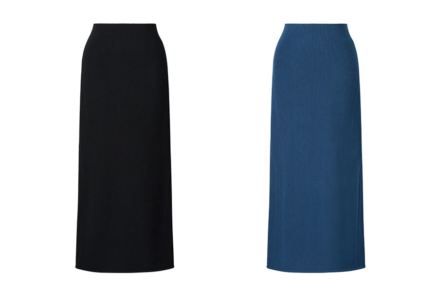 3Dリブロングスカート 4,990円。写真左から、09 BLACK、64 BLUE。