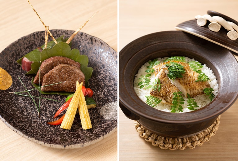 夕食の「特別会席」には、「和牛フィレ柏葉焼」、「ノドグロ土鍋」ごはんなど、旨みたっぷりの品々が。