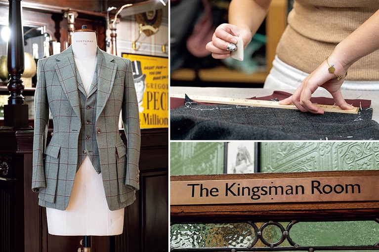 （左）レディースのジャケットとベスト。（右上）テーラーがチャコットを使って作業。（右下）映画『キングスマン』のロケ地に店舗が使われた。その名が付いたフィッティングルーム。