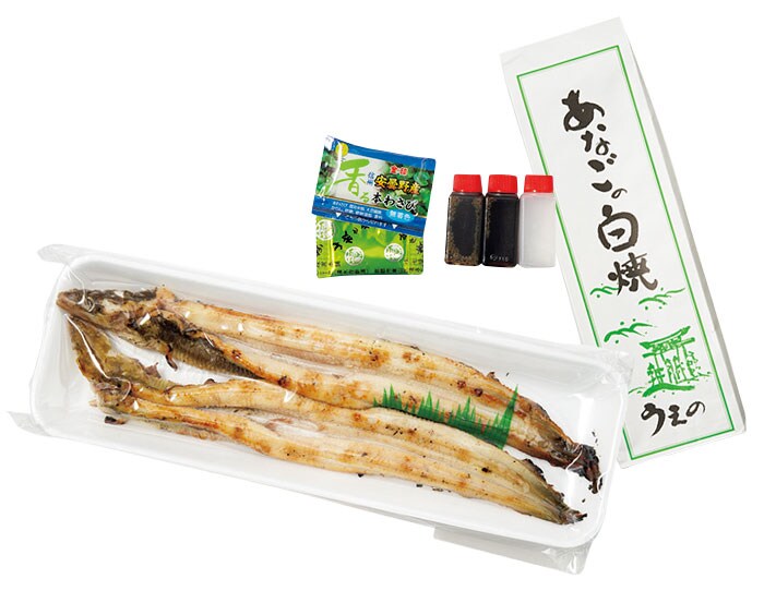 あなごの白焼き 2匹入り、約100g 2,400円／あなごめし うえの