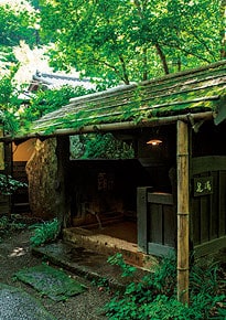 【旅館 山河】落葉樹の木立の中の足湯小屋。Photo: Hiroshi Mizusaki
