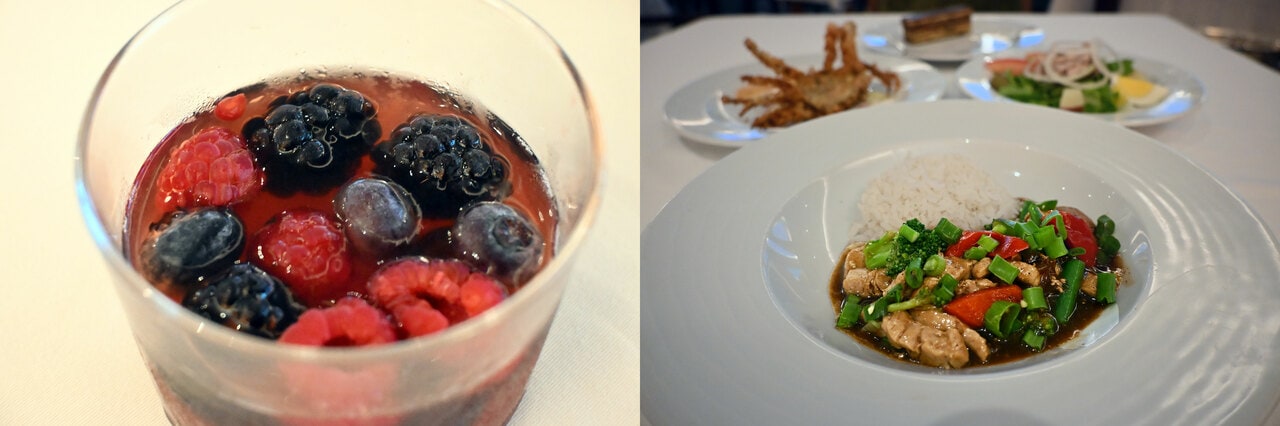 3種のベリーのデザート（左）。アジアンなテイストや、軽くヘルシーなメニューも選択肢に（右）。