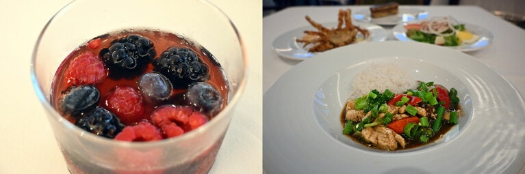 3種のベリーのデザート（左）。アジアンなテイストや、軽くヘルシーなメニューも選択肢に（右）。