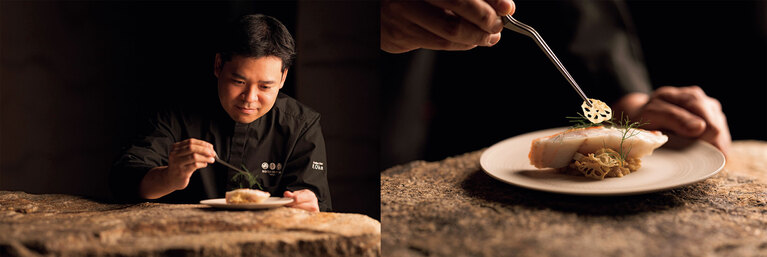 星のや東京の総料理長・岡亮佑さん。独創的な感性で料理に挑む。
