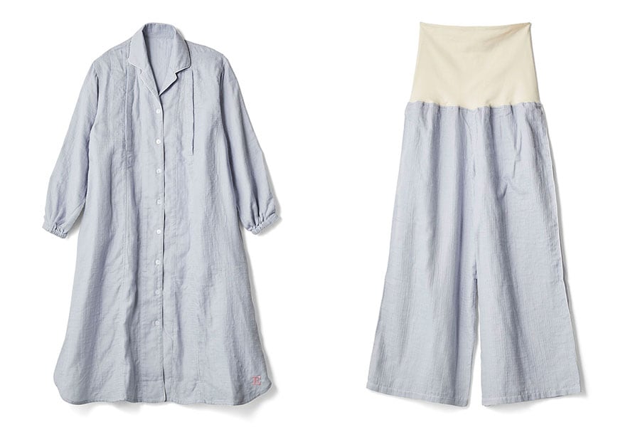 左から："5ji no sora" lounge one piece dress 25,520円、"5ji no sora" maternity pants 14,520円。