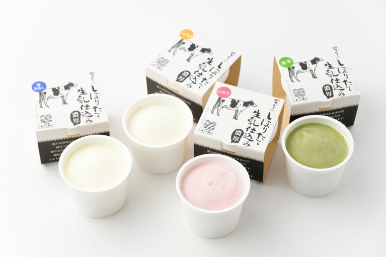 【高知県】四万十の搾りたて生乳アイス　高知フレーバー 3,240円（80ml×8個）。左から：塩みるく、生姜、いちご、緑茶／あぐり窪川