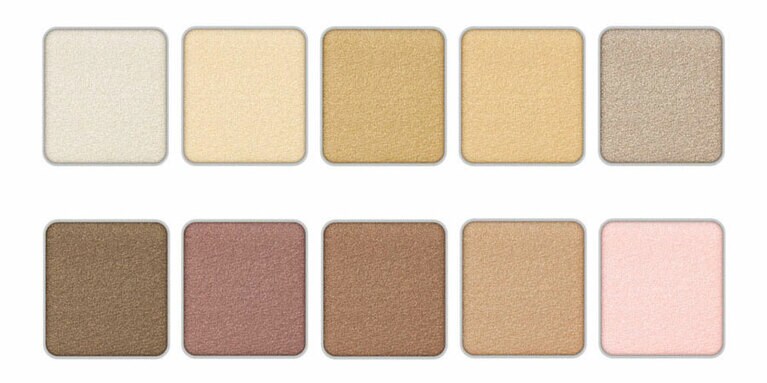 ツヤが簡単に均一に広がり、上品で透明感のある目元に仕上がる「パール」グループ。ケイト ザ アイカラー 上段左から、001ホワイト、002イエローベージュ、010ライトブラウン、011オレンジベージュ、014グレージュ。下段左から、019ココアブラウン、026レッドブラウン、027アプリコットブラウン、036ベージュ、041ライトピンク 各650円(編集部調べ)／カネボウ化粧品