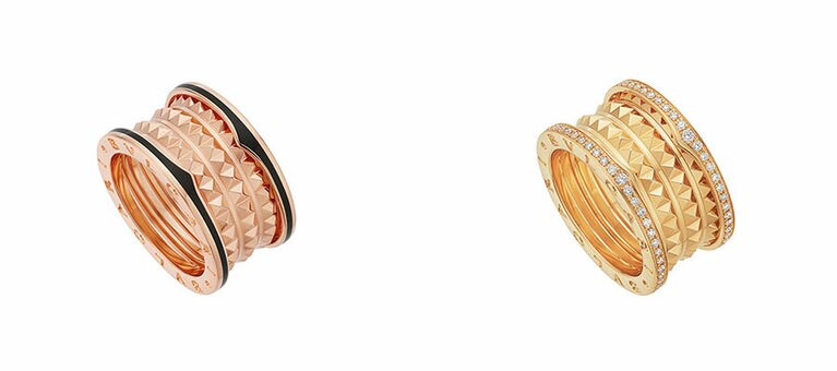 ビー・ゼロワン ロック 4バンド リング。写真左から、18Kピンクゴールド(ブラックセラミック) 236,000円、18Kイエローゴールド(パヴェダイヤ) 750,000円。