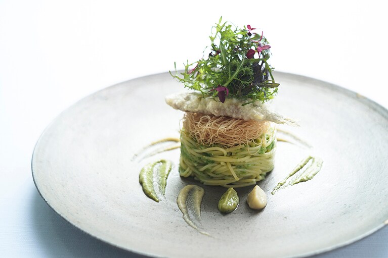パスタ「稚鮎と胡瓜のフェデリーニ」。