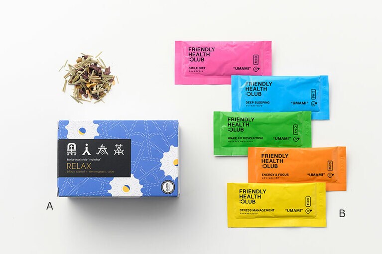 A：natoha「黒人参茶」RELAX 10包入り 1,400円／リフェット、B：FRIENDLY HEALTH CLUB「UMAMIサプリ」アソートセット 10包入り 1,600円