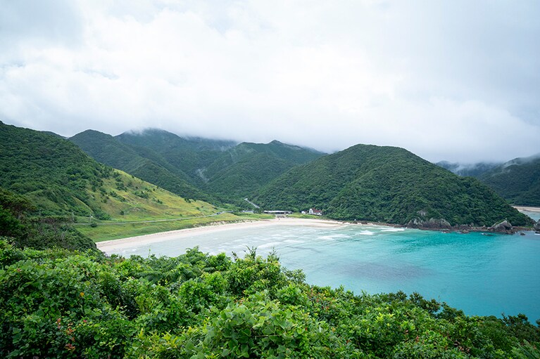 「魚藍(ぎょらん)観音展望所」から高浜海水浴場を見下ろしたところ、この絶景が！