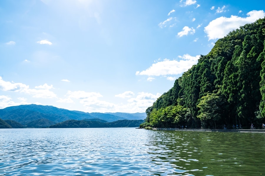 世界的に名前が知れ渡った水月湖。湖畔には梅の畑が続いています。©Nobuhiko Tanabe