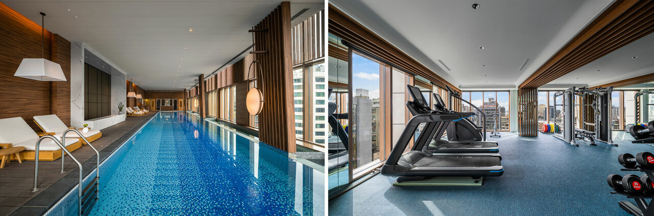 フィットネスセンターとプールは、宿泊者は無料で利用可能。フィットネスセンターは7:00～22:00、プールは7:00～21:30（13:00～15:00、17:00～17:30は清掃のためクローズ）に利用できます。