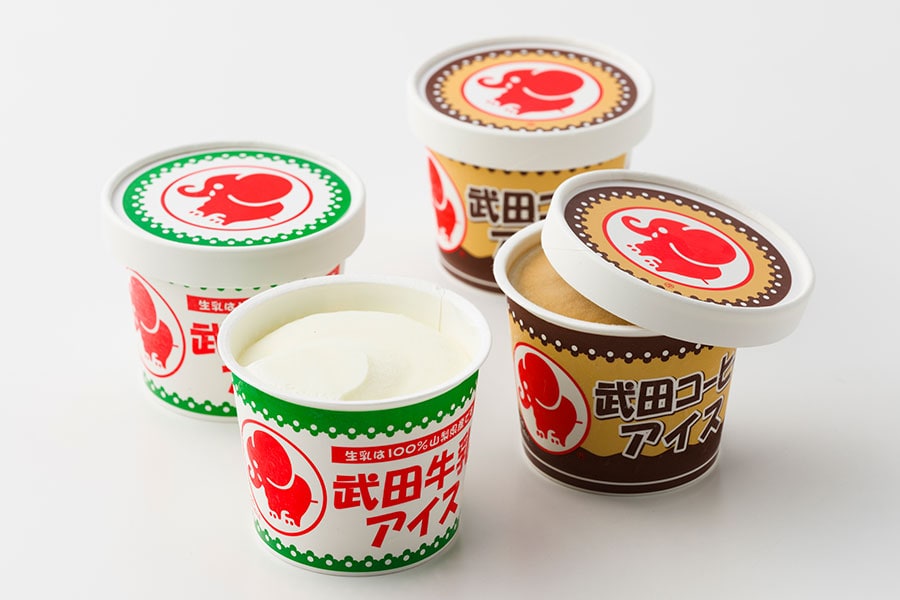 左から：武田牛乳アイス、武田コーヒーアイス 各298～320円（参考価格、120ml）／武田食品