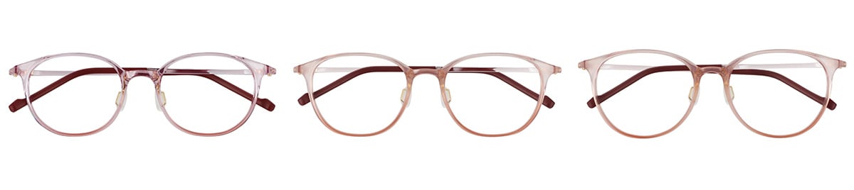 ピンクグラデ。写真左から、ジャストフィット、レギュラーフィット、ワイドフィット。