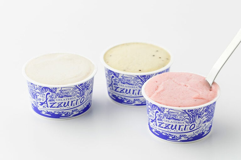 【滋賀県】Gelateria Azzurro(ジェラテリア アズーロ)「ジェラート」各463円(90ml)。左から：彦根梨、キウイ・バナナ・オレンジ、いちご。