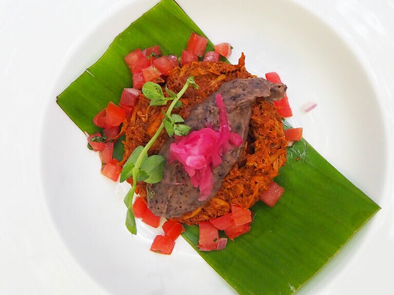 メキシコ・シティの「アスル レストラン」のコチニータ・ピビル 235メキシコペソ。 上に載っているのがフリホーレス。