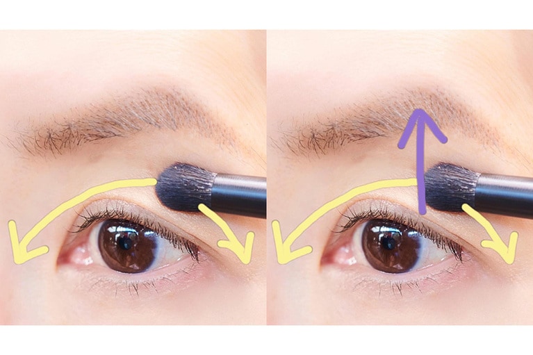 ブラシは「目頭⇔目尻」という具合に左右に移動させながら、目のキワから眉に向かって上に向かい、自然にぼかすようにする。