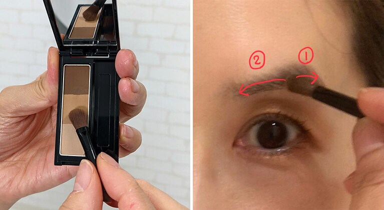 真ん中の色をブラシの太い方にふんわりのせ、眉山から眉尻に向かって描いていく。欠けている部分のみ、一番上の濃い色をブラシの細い方に取って、描き足す。