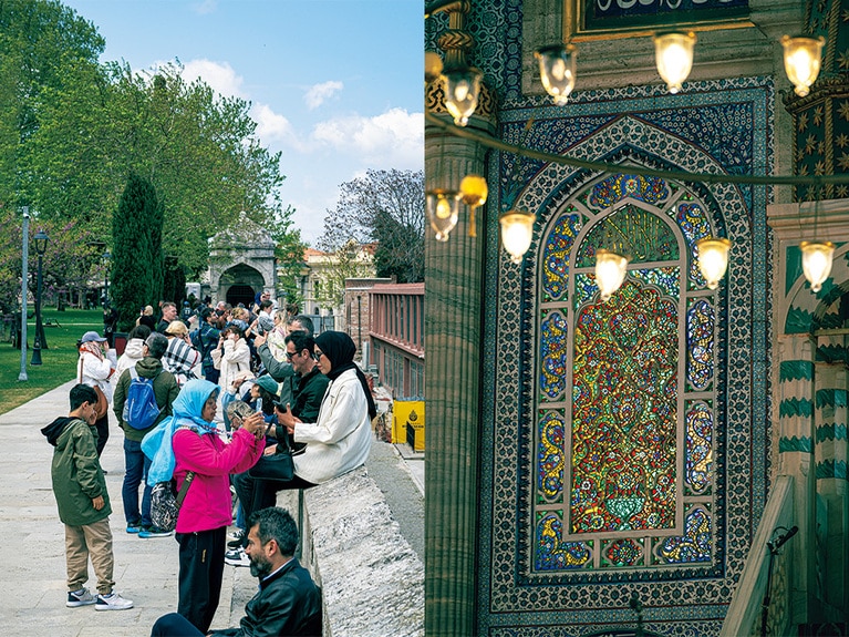 左：終日多くの人が訪れる観光名所。高台なので眺めもいい。右：彩色ガラスを使った繊細なステンドグラス。