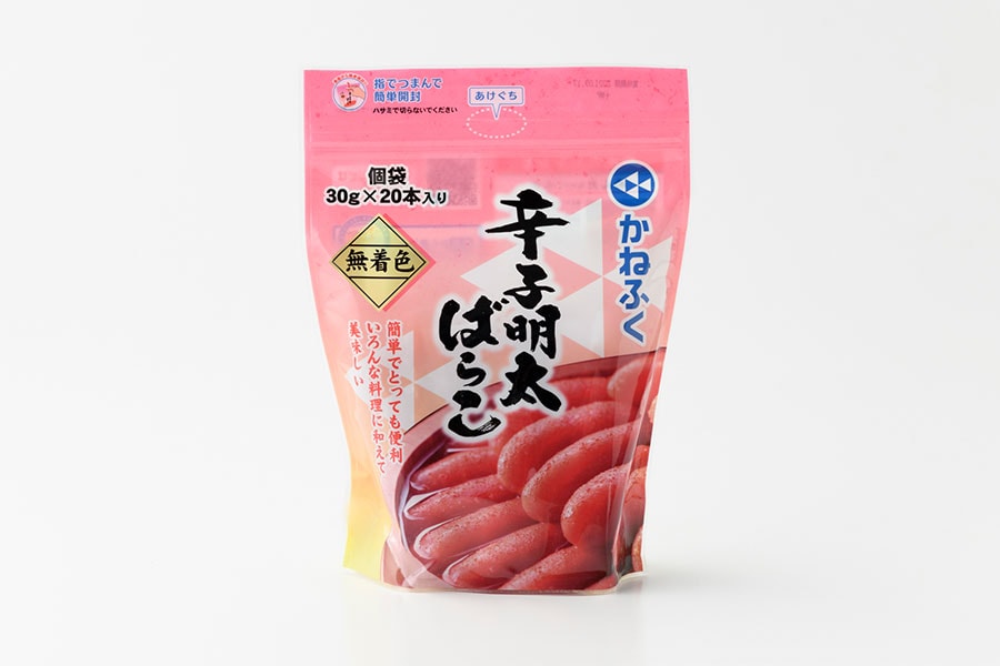 かねふく 無着色 辛子明太ばらこ 1,498円(30g×20本、税込)。