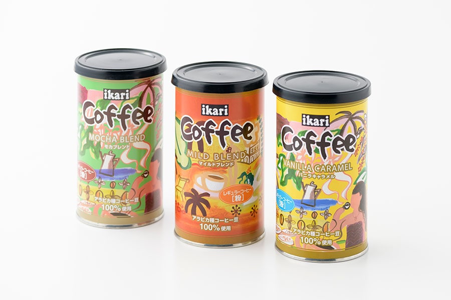 いかり芦屋 レギュラーコーヒー。左から：モカブレンド850円、マイルドブレンド850円、バニラキャラメル950円(各160g缶入り)
