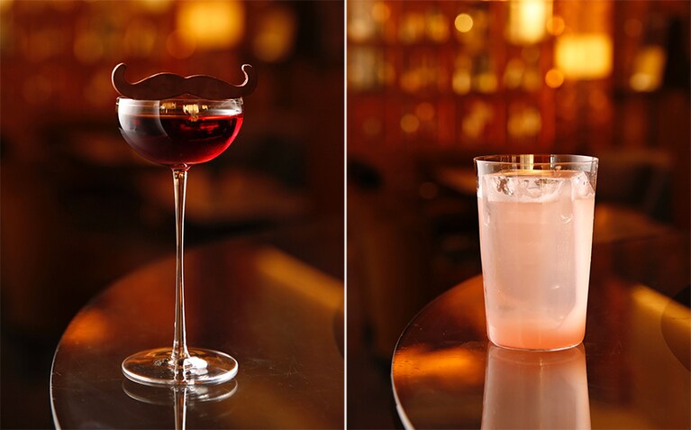 Mustacchioni(Tequila Reposado / Mancino Chinato / Campari / Port Wine)、右) Dessert Power(Gin / Sumac and Tamarind Syrup / Lime / Grapefruit Soda)