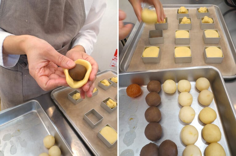 スクエアケーキは、1個ずつ生地を伸ばして餡を包む。