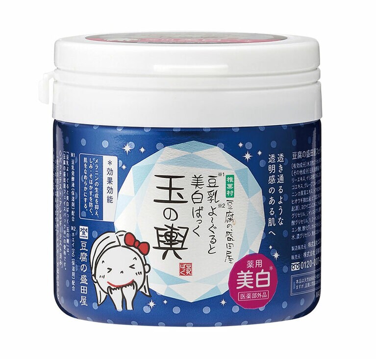 有効成分として水溶性プラセンタエキスやグリチルレチン酸ステアリル、イソフラボン含有植物や和漢植物などが配合され、透明感の高い明るい肌に導く。薬用 豆乳よーぐると美白ぱっく 玉の輿(医薬部外品) 150g 2,000円／豆腐の盛田屋