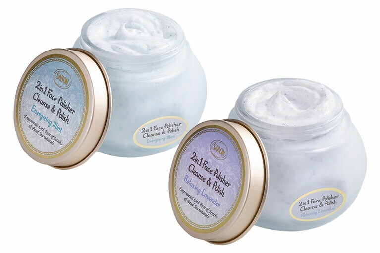 左から：［朝におすすめ］人気のミントのスクラブ洗顔が進化。FACE POLISHER REFRESHING 200ml 4,500円、［夜におすすめ］スクラブ洗顔にラベンダーも誕生。FACE POLISHER RELAXING 200ml 4,500円／SABON