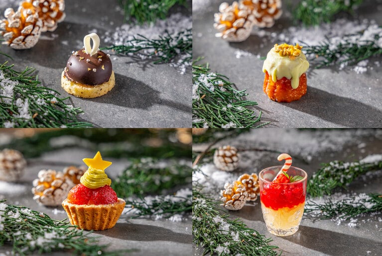 左上から時計回りに、「チョコレートムースのドームオーナメント」、「抹茶カヌレ ～雪山仕立て～」、「マスカットとフランボワーズの2層ゼリー」、「イチゴとピスタチオのタルト」。