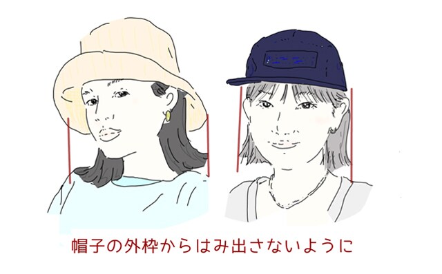 初心者は、帽子の外枠から髪がはみ出さないよう耳に掛けるのがおすすめ。