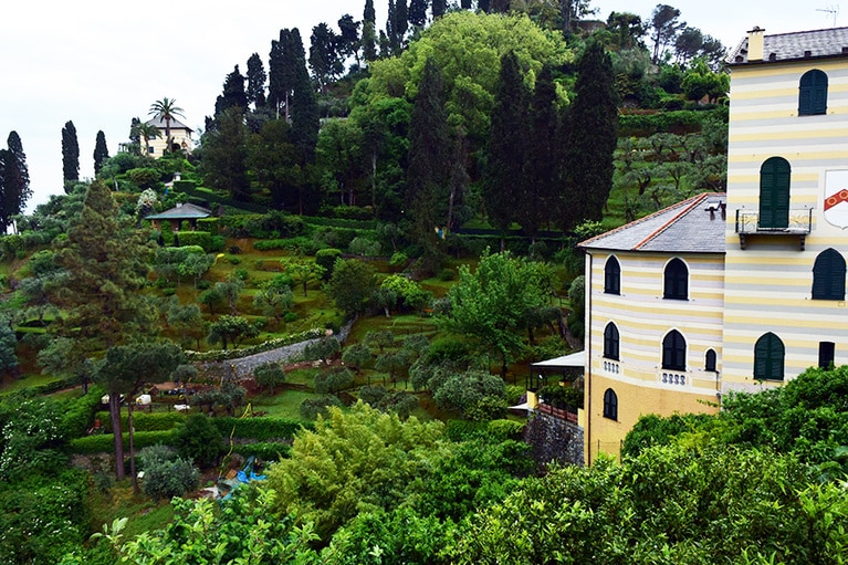 糸杉など緑に包まれ、港を見下ろす高台に立つブラウン城。