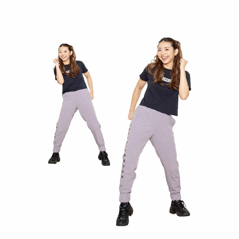 (3) 前ステップ。足を右前→左前→右後ろ→左後ろの順に移動させる。これを8回繰り返す。腰から踏み出すようなイメージで、腰をしっかり動かす。