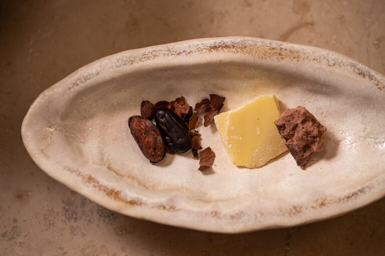 左から殻つきのカカオ豆、カカオニブ、カカオハスク、カカオバター、カカオマス。カカオのことは意外に知られていないのだ。