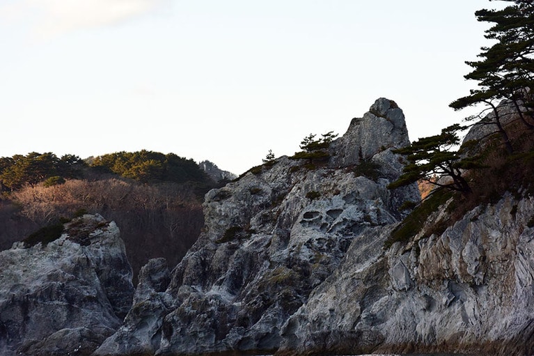 「あの岩、ガイコツのように見えるでしょ」とさっぱ船の船長。やはり浄土だから？