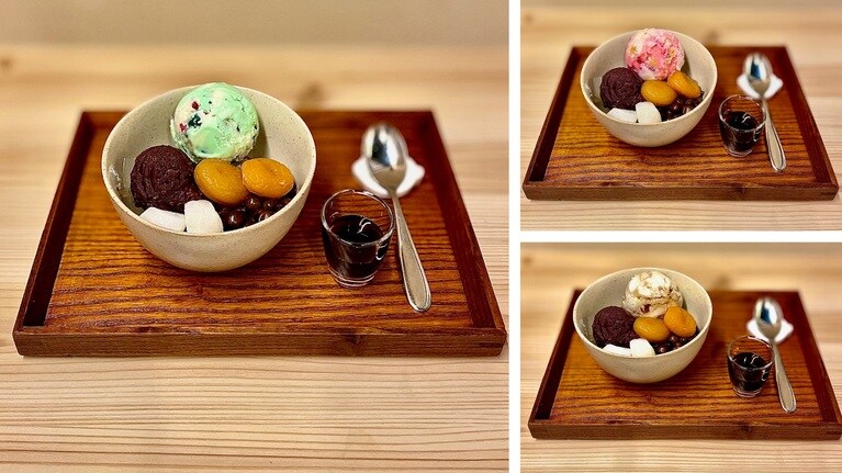 アイスクリーム（スモールサイズ）は、「黒みつ入り日本橋のみたらし」「華やぐミックスベリー」「ポッピングシャワー」など全6種から1つをチョイス。