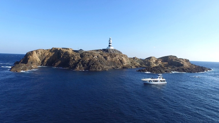 弓ヶ浜沖に浮かぶ岩の島、神子元島。周囲は岩礁が多く、潮流も早いことから、航行する船にとって難所だったそうです。©海遊社