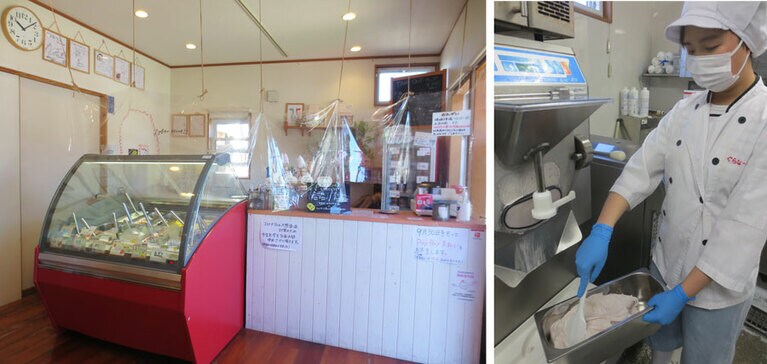 左：店内。イートインはコロナ禍でストップ中。右：ジェラートは、店奥の厨房で少量ずつ作られています。