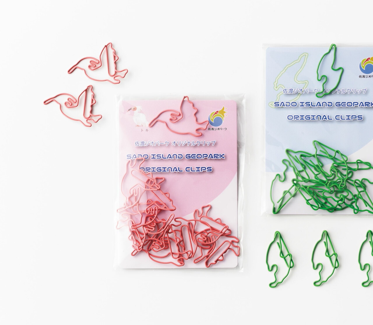 ジオパーク クリップ 1袋10個入り。各550円／佐渡ジオパーク