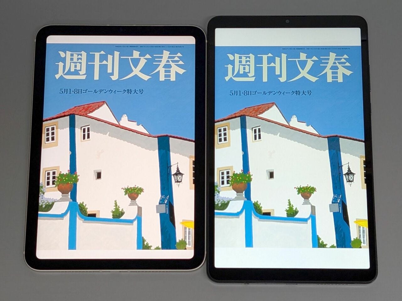 左がiPad mini、右がシャオミ製品。画面が縦長な分、電子書籍では上下にムダな余白が生じがちで、ページ自体のサイズはほとんど変わりません。レノボ製品でもこうした傾向は同様です
