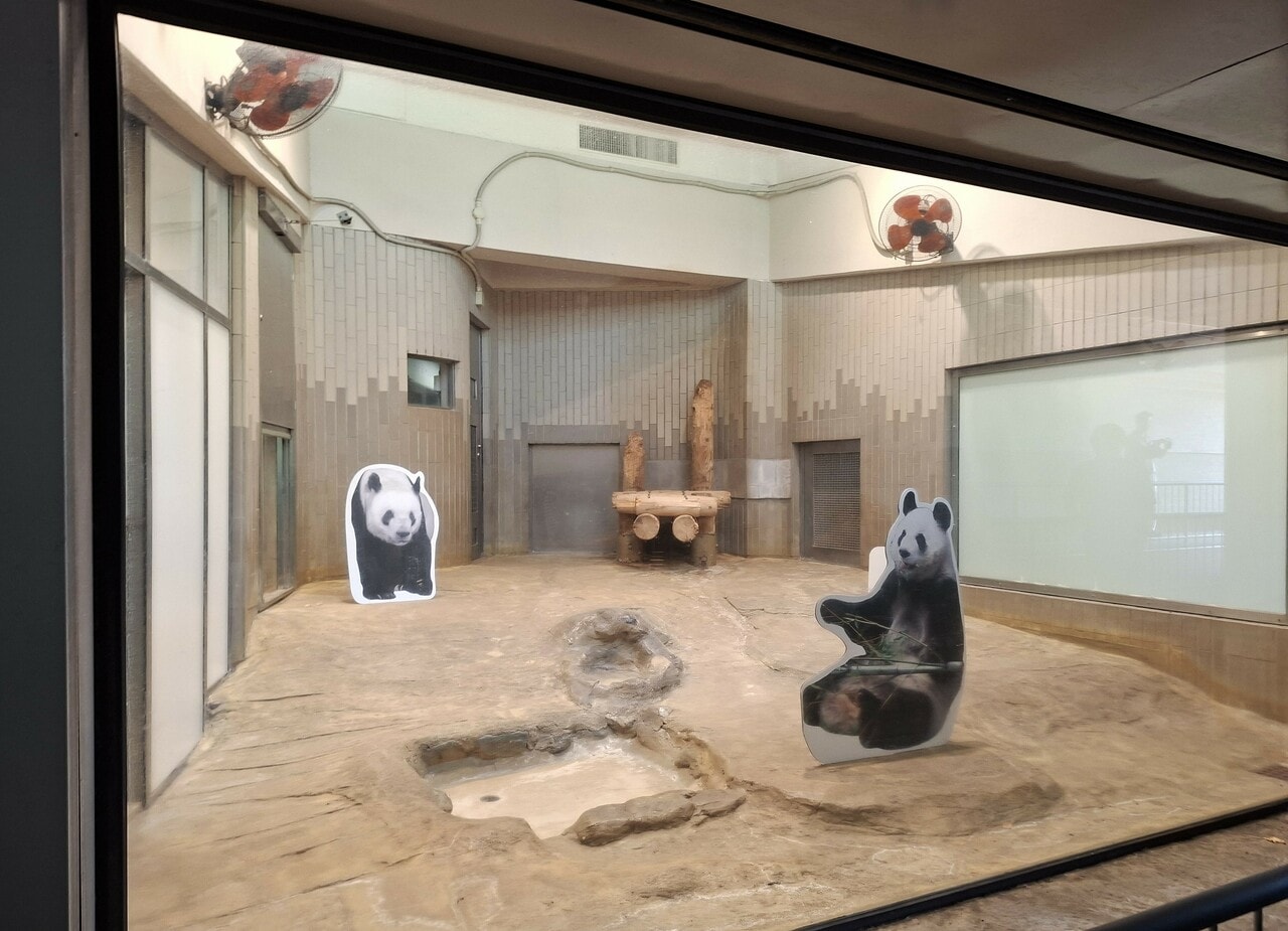 「屋内放飼場2’」のパネル。左はリンリン、右はシュアンシュアン。（2026年7月25日、筆者撮影）