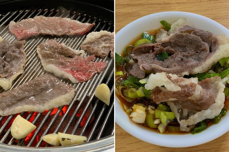 チャドルバギ（차돌박이）とは、牛のバラ肉（胸肉）を薄く切った韓国焼肉用の肉。脂のうまみが強く、さっと焼ける。チャドルバギ1人前（130g）22,000ウォン（2人前から注文可能）。