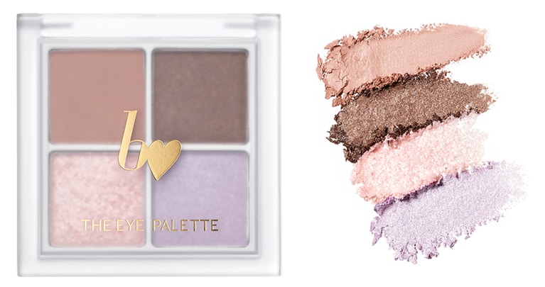 ビー アイドルTHE アイパレ R 102 希望のグレージュ。左上はアンニュイな雰囲気を作る、マットな曖昧グレージュカラー。右上は目元をぐっと引き締めるシアーなディープブラウン、左下が目の下側にも入れやすいピンクベースのきらめきラメ、右下のハイライトカラーはパープル系で透明感をアップ。1,980円／かならぼ（数量限定発売中）