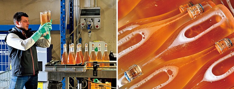 左：閉栓したボトルの状態を一本一本しっかりと見極め、貯蔵庫へ。
右：貯蔵から出荷を待つばかりの美しいロゼボトル。