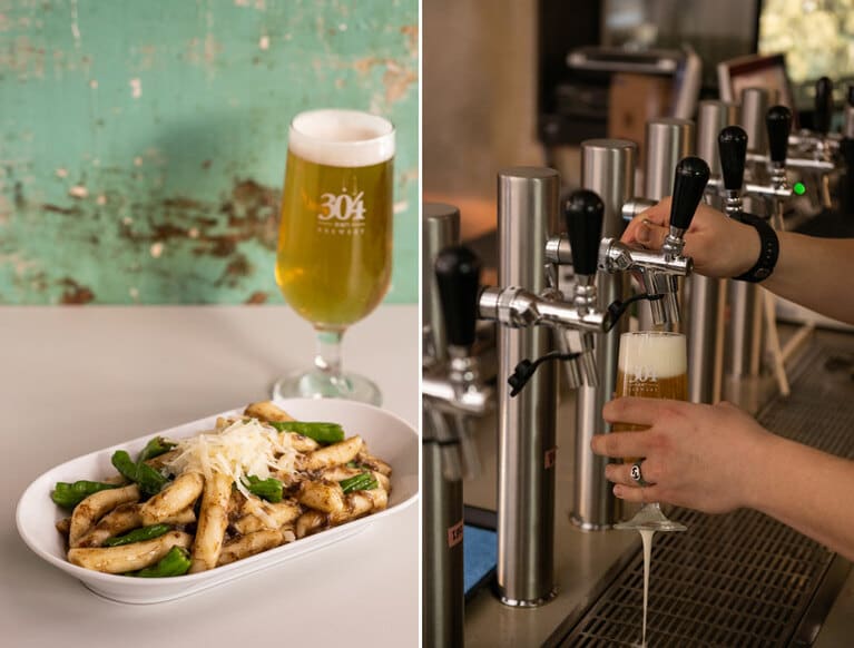 左：近くにあるヨンチョン市場の名物トッポギに、ワラビのソースをかけてオイルパスタ風に仕上げた一品W16,000と、店の顔であるプルートー ブロンド エールW6,900。 
右：タップは8種。定番のエールから、コクのある黒ビールまでオールジャンル飲める。