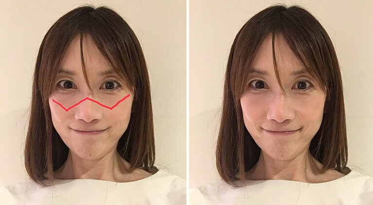 鼻上チークのポイントは「W」。チークをＷ形に塗るとキュートに！